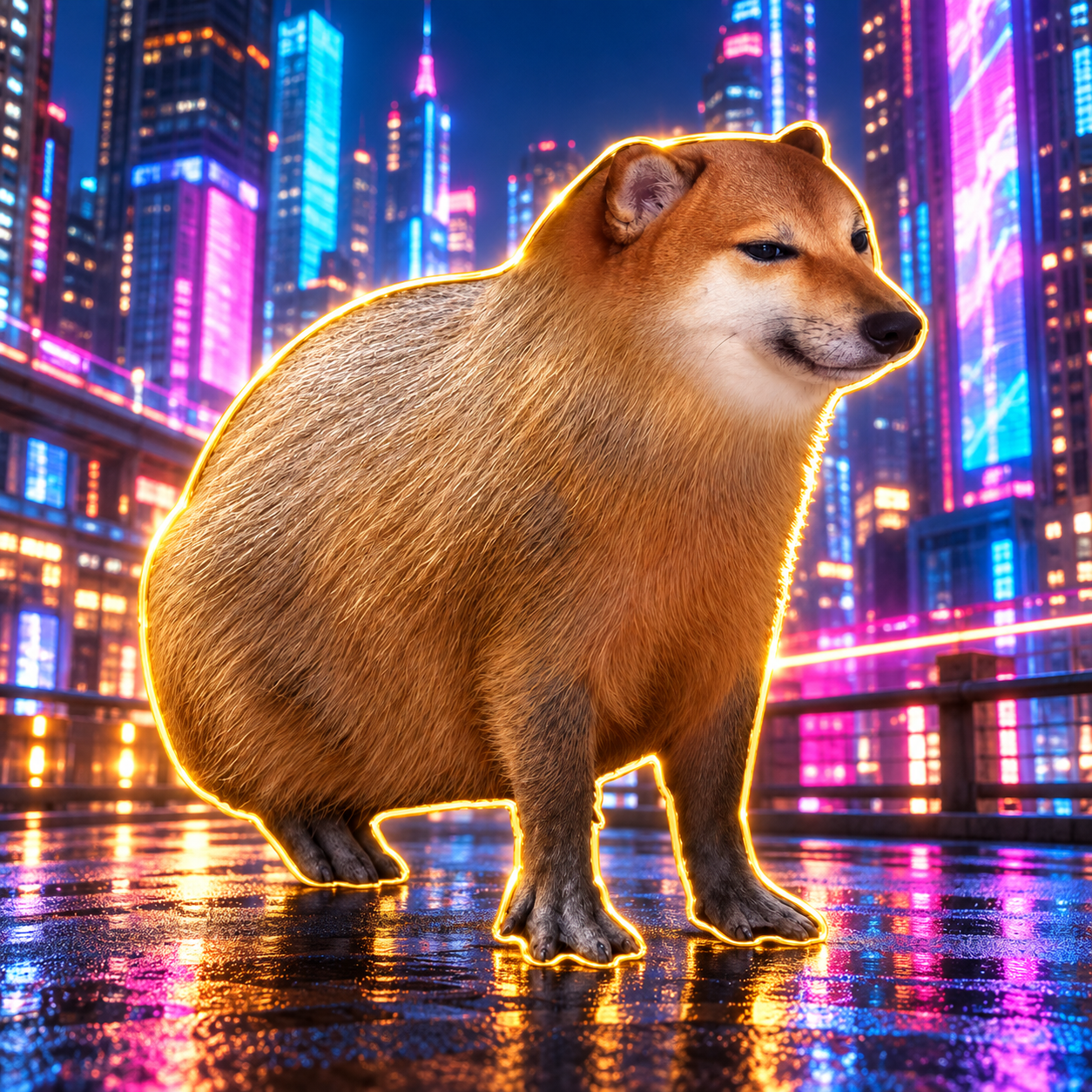 Dogebara in a neon city